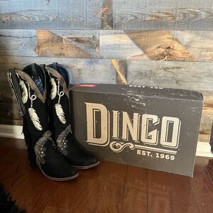 Dingo Black Suede Boots with Fringe and Feather Accents